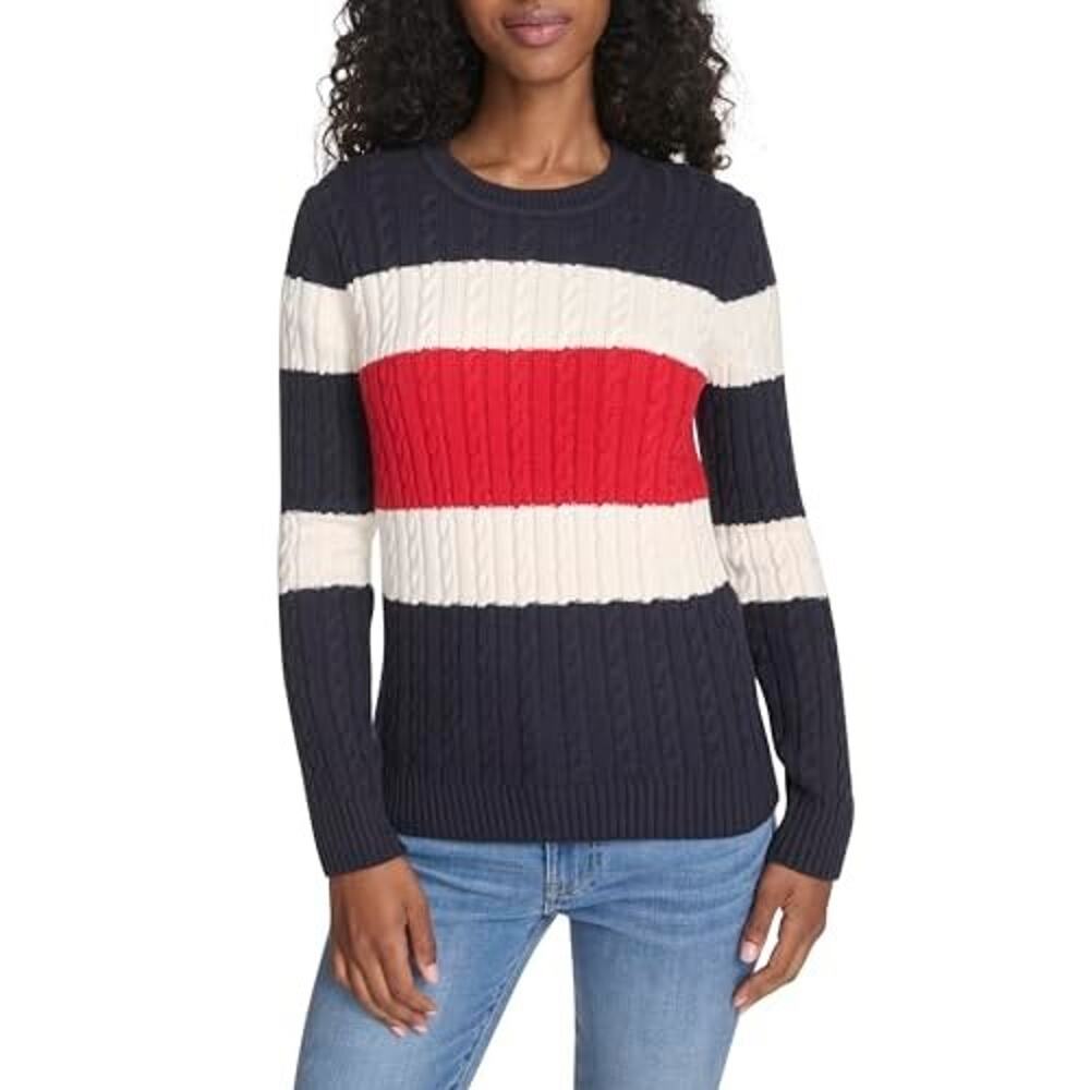 Tommy Hilfiger Crewneck Sweater Womens XS Multi Colorblock Cable Knit Preppy NWT